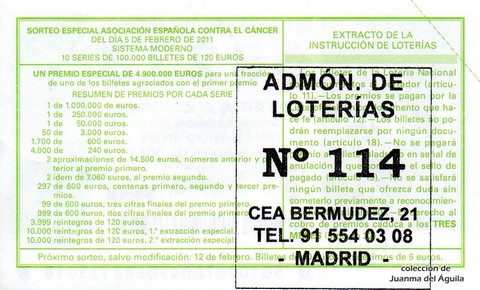 Reverso del décimo de Lotería Nacional de 2011 Sorteo 10