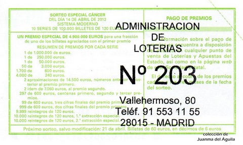 Reverso décimo de Lotería 2012 / 30