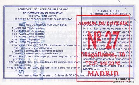 Reverso décimo de Lotería 1997 / 102